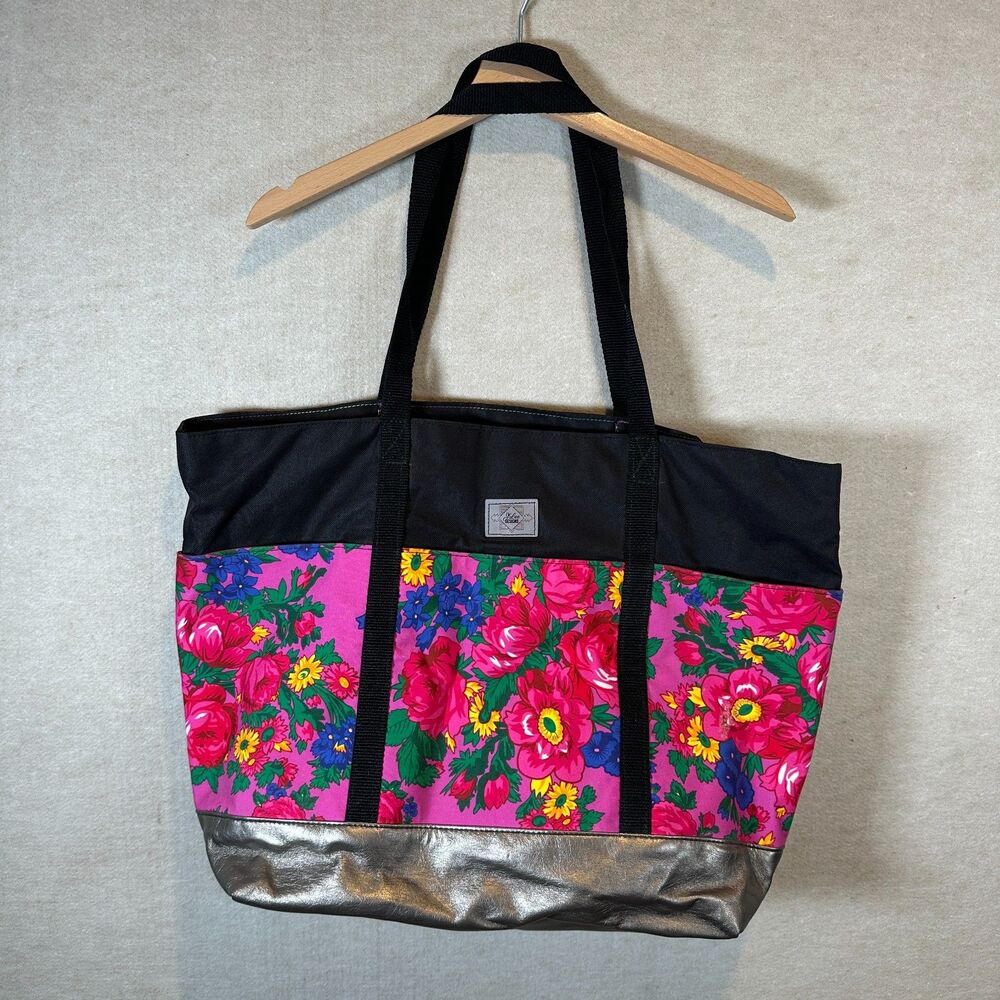 J Lee Designs Floral Tote Bag Pink Black Metallic Silver Base Organizer Pockets
